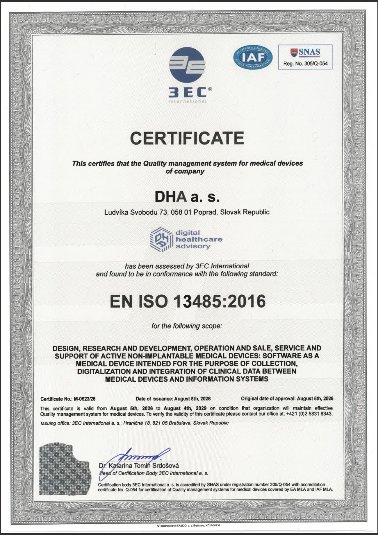 Certifikát EN ISO 13485:2016